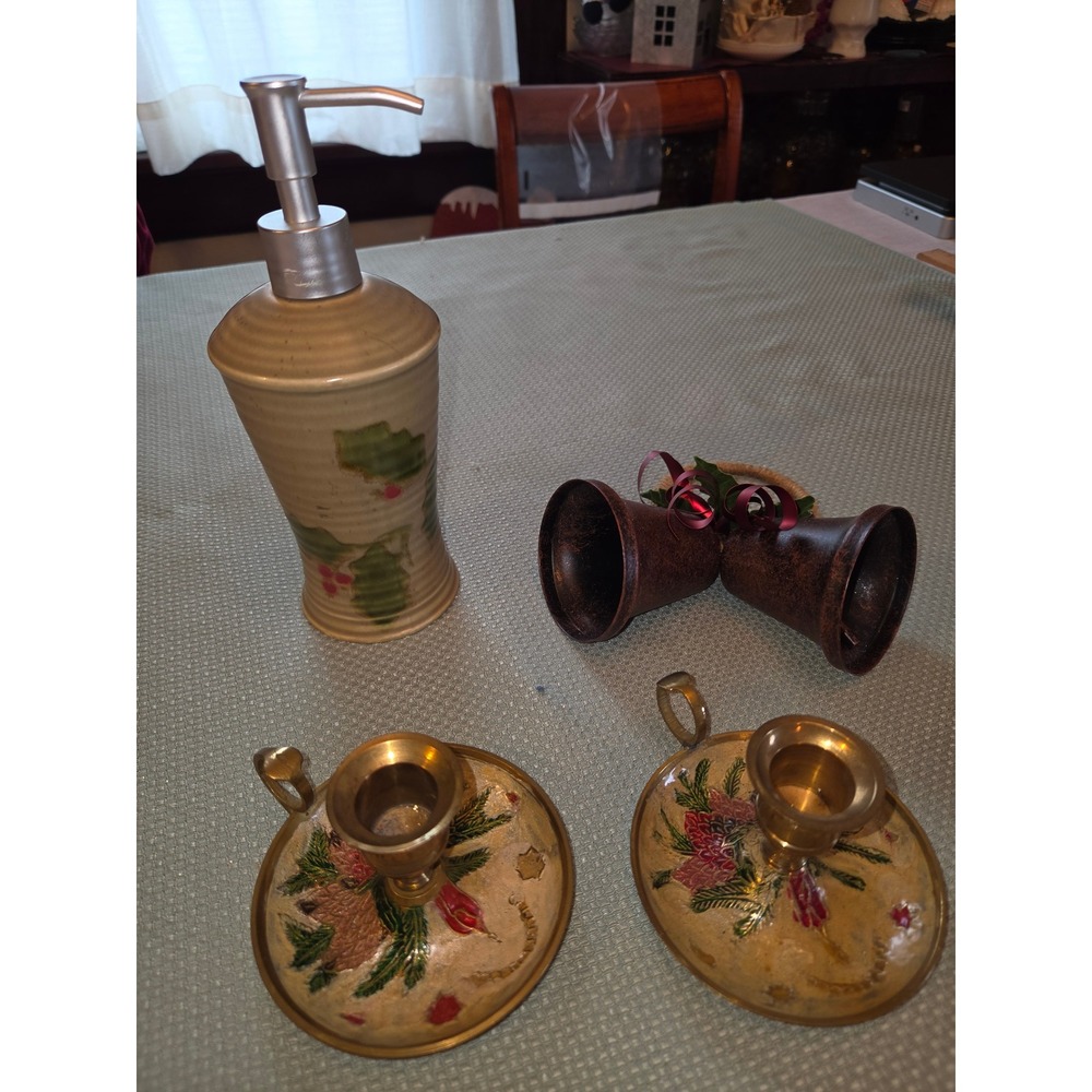 Vintage Christmas Holiday Decor Lot Brass Candlesticks Ceramic Soap Dispenser
